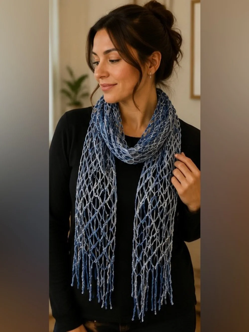 Blue Silver Ombre Mesh Scarf Wrap Fringe Open Knit Lightweight Shawl